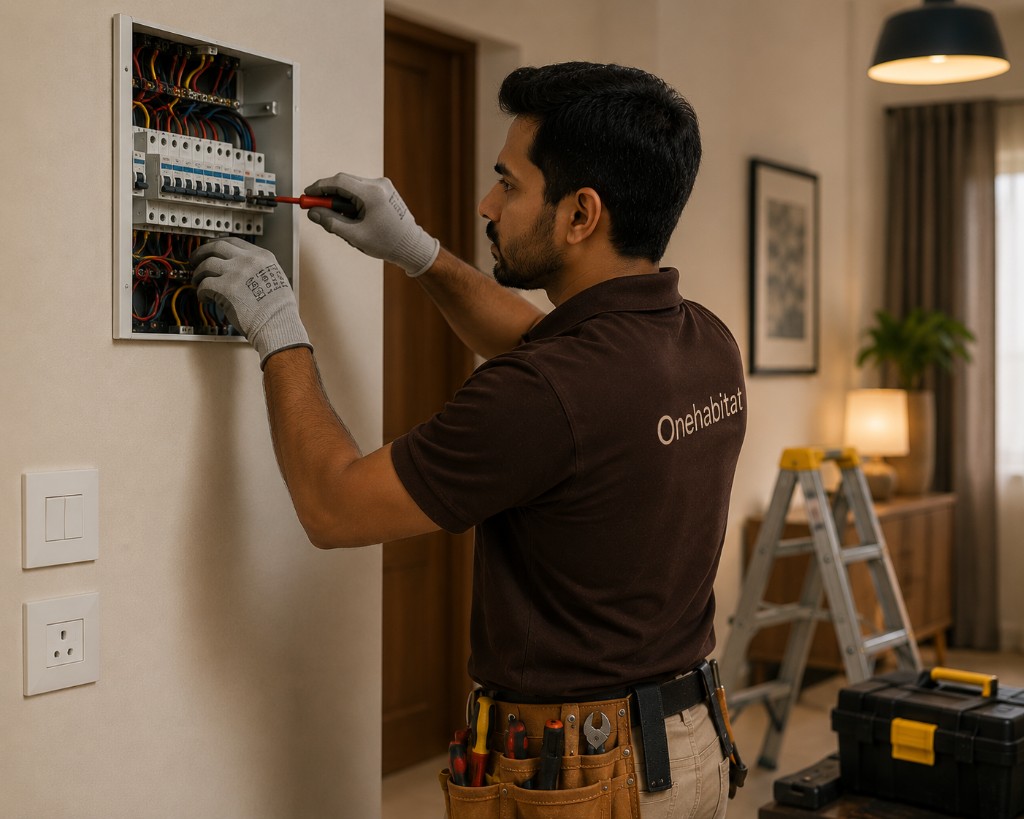 Professional electrician servicing a home electrical panel